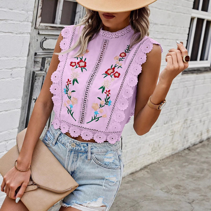 Damen Besticktes Spitzen-Cropped-Top mit Stehkragen und Häkelkanten Echo Archiv