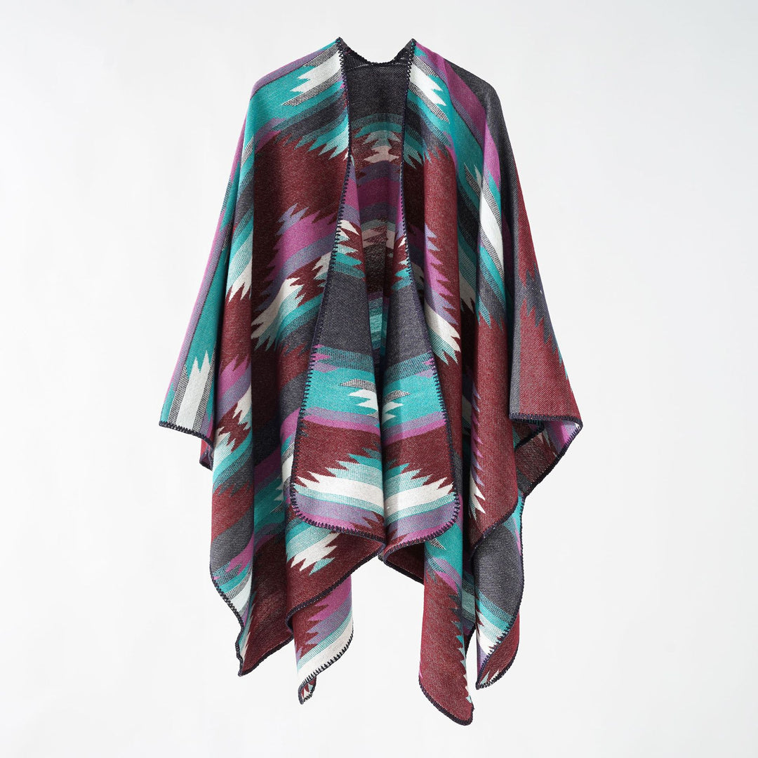 Damen Gewebter Azteken‑Poncho im Oversize‑Überwurf mit Zierkettelnaht Echo Archiv