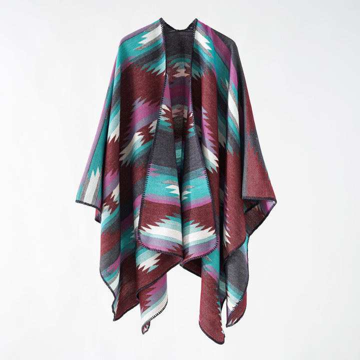 Damen Gewebter Azteken‑Poncho im Oversize‑Überwurf mit Zierkettelnaht Echo Archiv