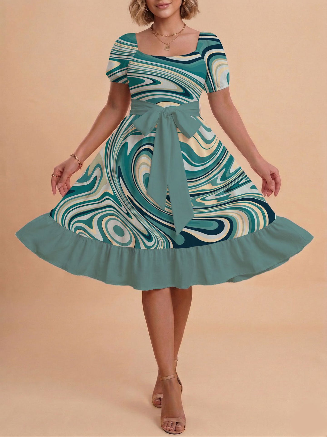 Damen Midikleid mit verspieltem Druck und tailliertem Schnitt Echo Archiv