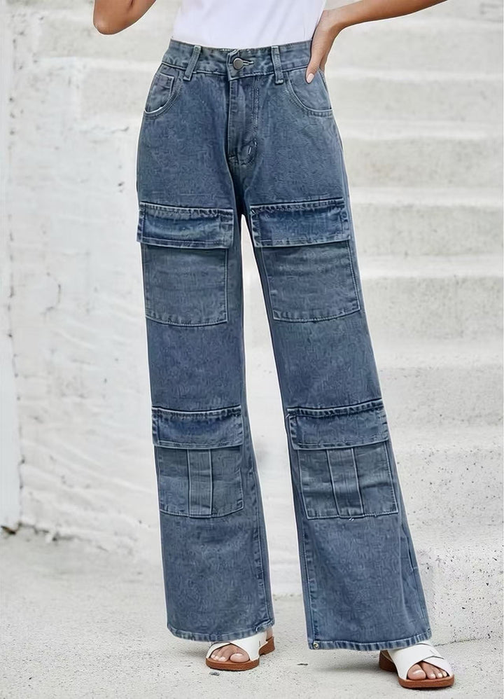 Damen nan High‑Waist Utility-Denimhose mit aufgesetzten Knie-Patches, Cargo‑Taschen und weitem Schlag Echo Archiv