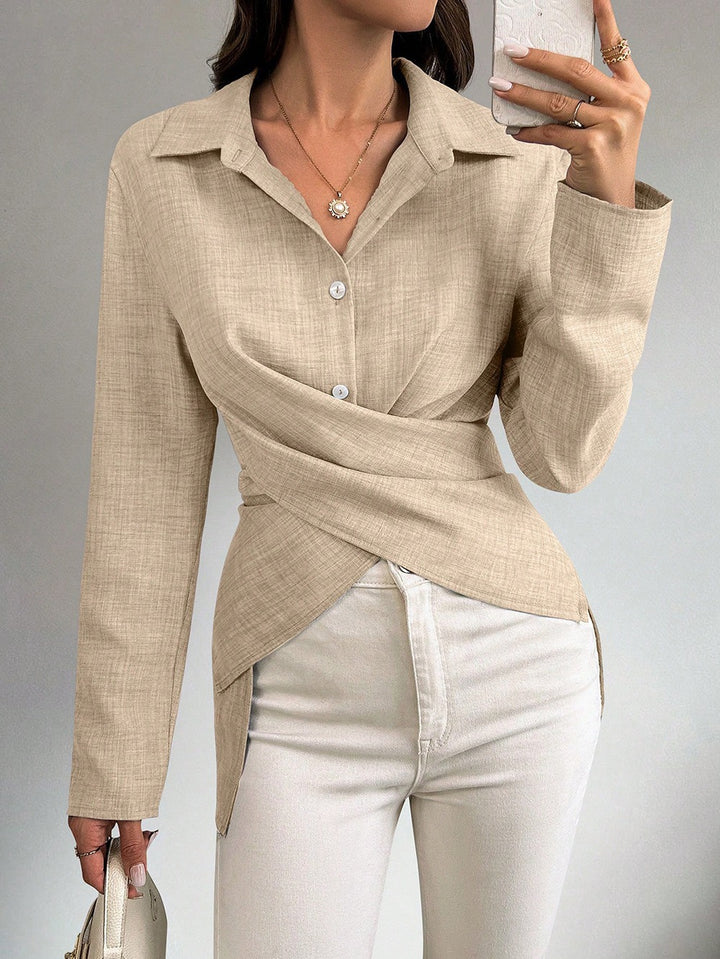 Damen Wickelbluse mit Hemdkragen und asymmetrischem Saum Echoarchiv