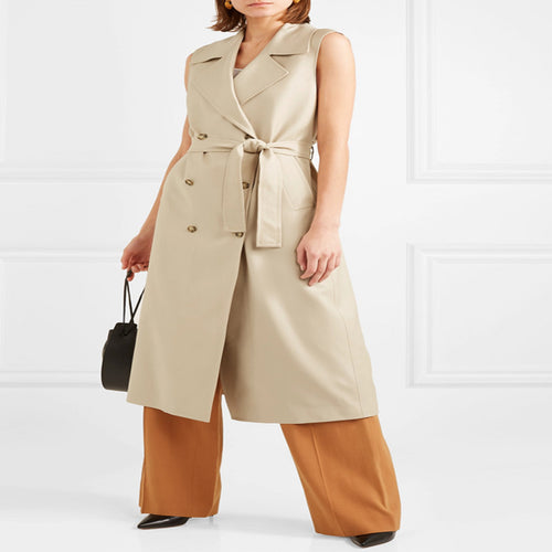 Damen ärmelloser Wickel-Trenchcoat aus Baumwollmix mit doppelreihiger Knopfleiste und Taillengürtel Echoarchiv