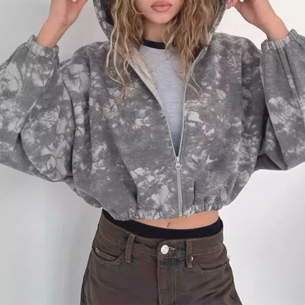 Damen kurzes Zip-Hoodie mit Used-Effekt, Kapuze und elastischem Saum – Auréline