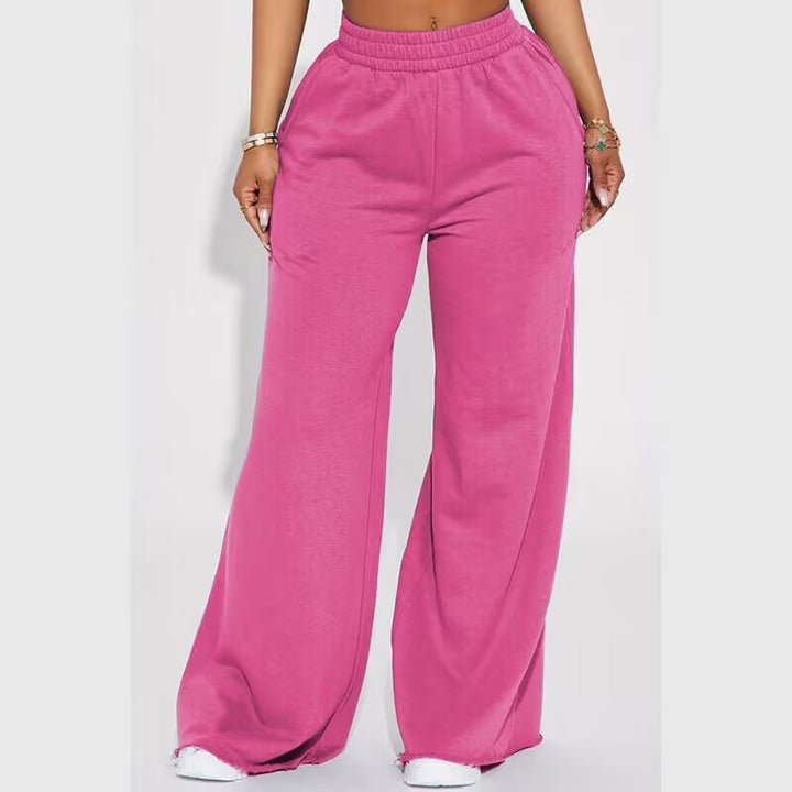 Damen weite Highwaist Palazzo-Loungehose mit doppelt gerafftem Komfortbund und fließender Wide‑Leg-Silhouette – Avélisse