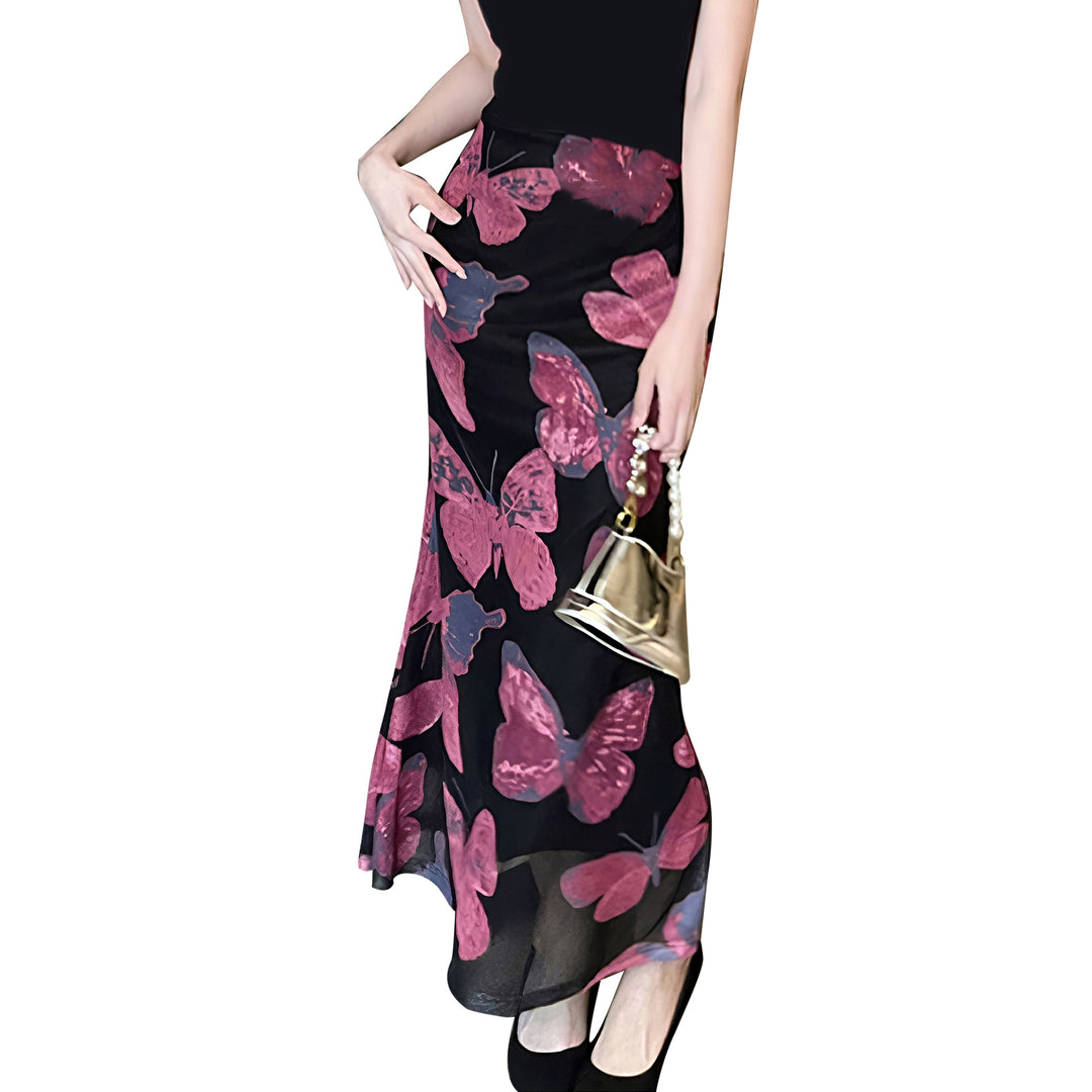Damen elegantes Maxikleid mit floralem Schmetterlingsmuster und fließendem Stoff Echo Archiv