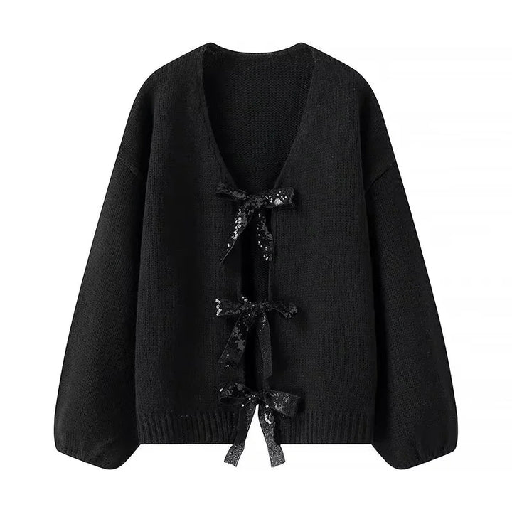 Damen Oversize-Strickcardigan mit tiefem V-Ausschnitt und dekorativen Pailletten-Schleifen – Veloura
