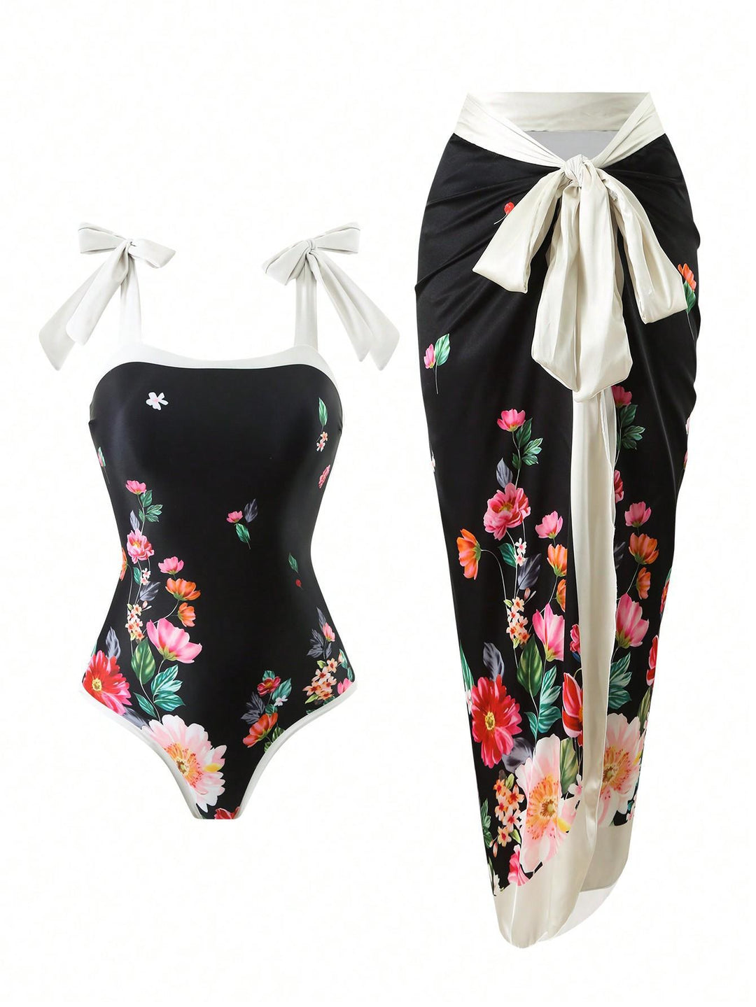 Damen Eleganter Badesuit mit floralen Akzenten und modischem Wickelrock Echo Archiv