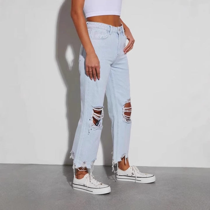 Damen nan cropped-weitjeans mit hoher Taille, ausgefranstem Saum und starkem Knee-Ripping Echo Archiv