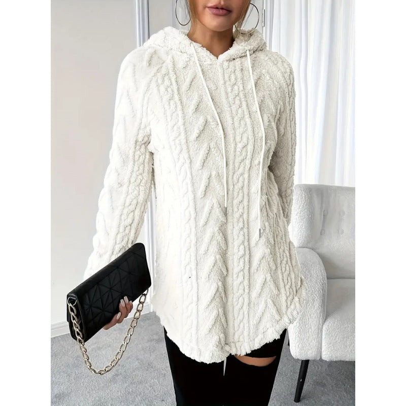 Damen Kuscheliger Teddy-Hoodie mit Zopfmuster Tunnelzug und gerundetem Saum Echo Archiv