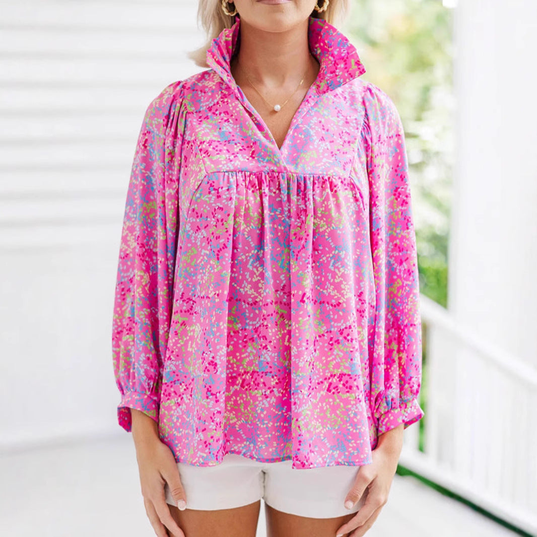 Damen Locker geschnittene Blumenbluse mit V-Ausschnitt und geraffter Passe – Avérine