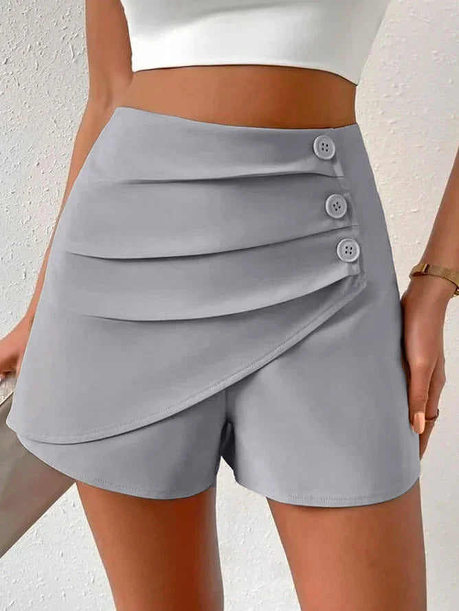 Damen modische kurze Hose mit drapierter Vorderseite und Knopfdetails Echo Archiv