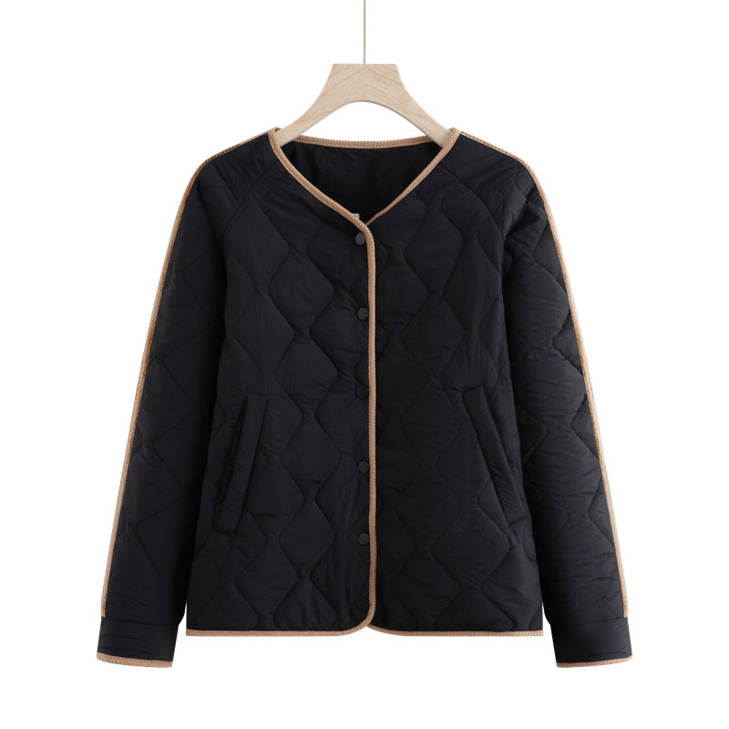 Damen gesteppte Übergangsjacke mit Rautenstepp, Rundhals und Druckknopfleiste – Célinea