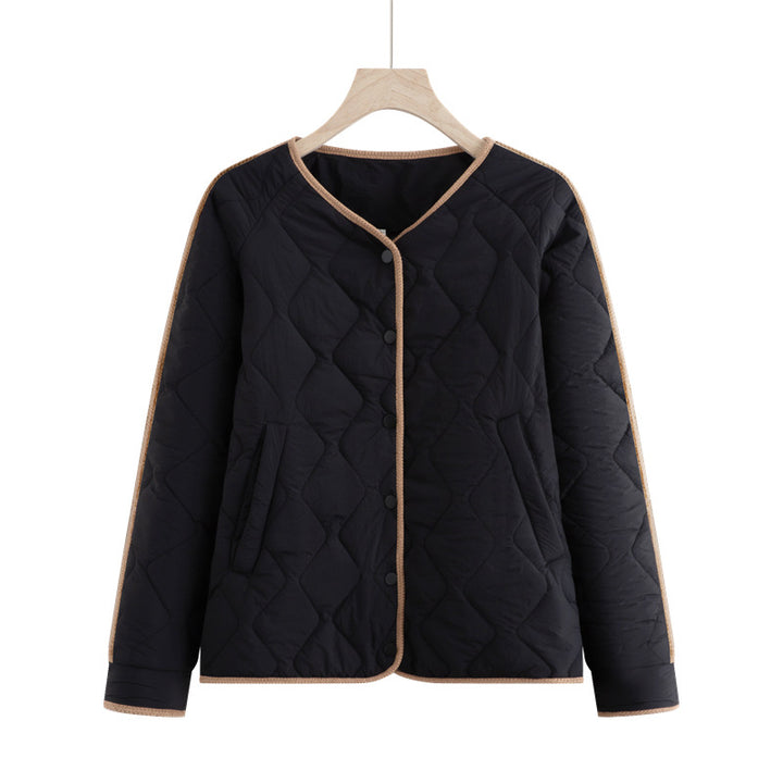 Damen gesteppte Übergangsjacke mit Rautenstepp, Rundhals und Druckknopfleiste – Célinea
