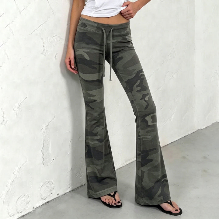 Damen Weiche Schlaghose im Camouflage-Muster mit Tunnelzug und hoher Taille Echo Archiv
