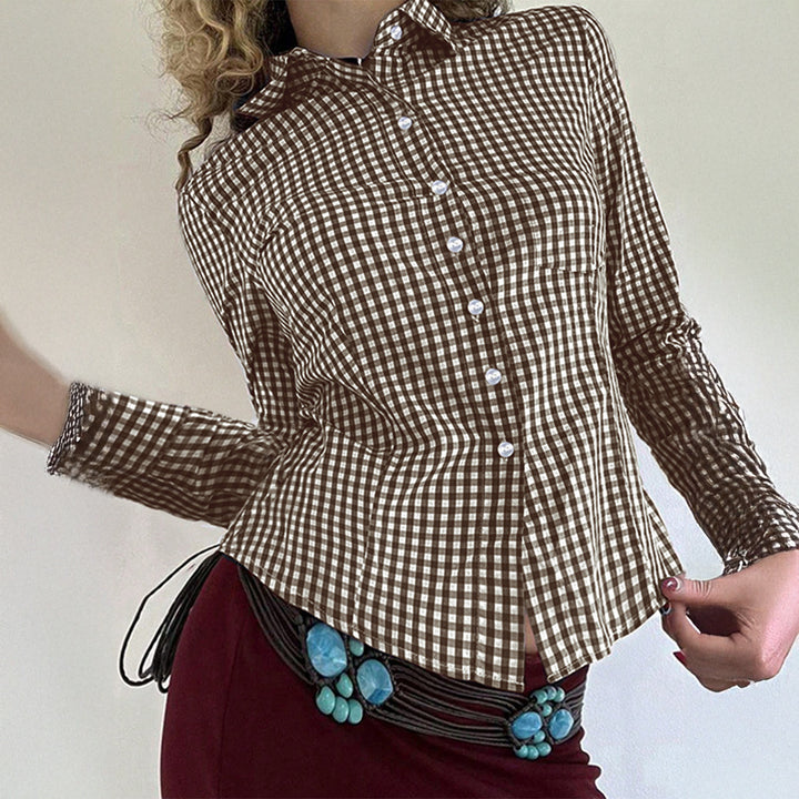 Damen taillierte Karobluse mit Hemdkragen, durchgehender Knopfleiste und geschwungenem Saum – Élovi