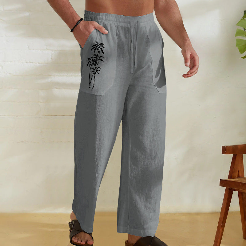 Herren Bequeme Leinenhose mit praktischem Kordelzug und Palmendruck Echoarchiv