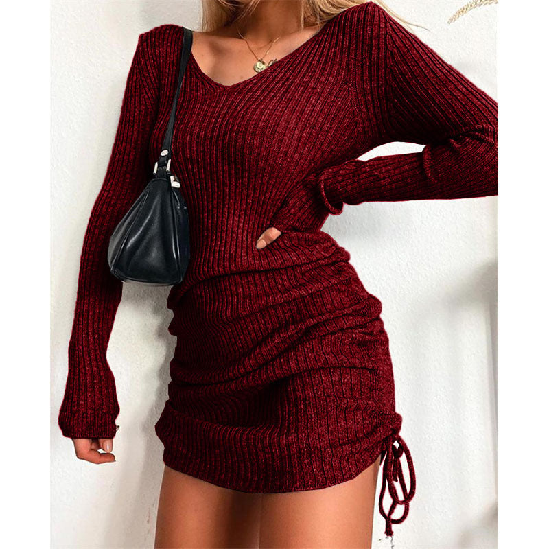 Damen Strick Mini-Kleid mit Raffung und V-Ausschnitt Echo Archiv
