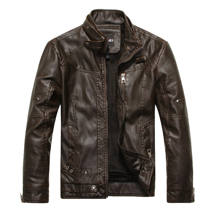 Herren Lederjacke im Bikerstil mit Stehkragen und Ziernähten – Valtoré