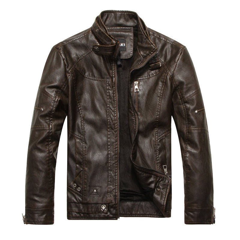 Herren Vintage-Lederoptik-Jacke im Bikerstil mit Stehkragen, Ziernähten und Reißverschluss-Details Echoarchiv