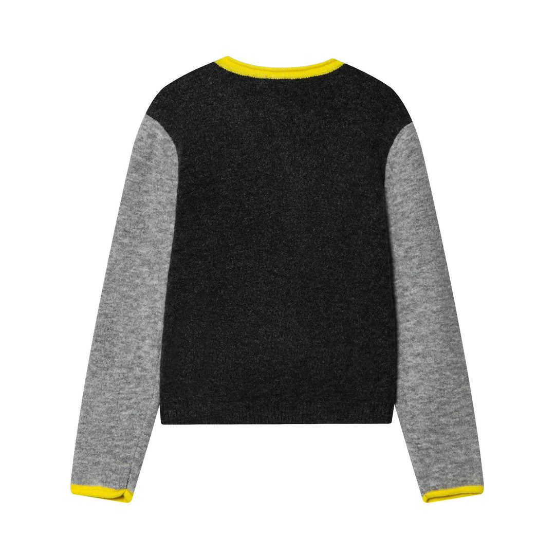 Damen kurze zweifarbige Wollcardigan mit kontrastierter Knopfleiste geripptem Saum und Hornknöpfen – Veloura