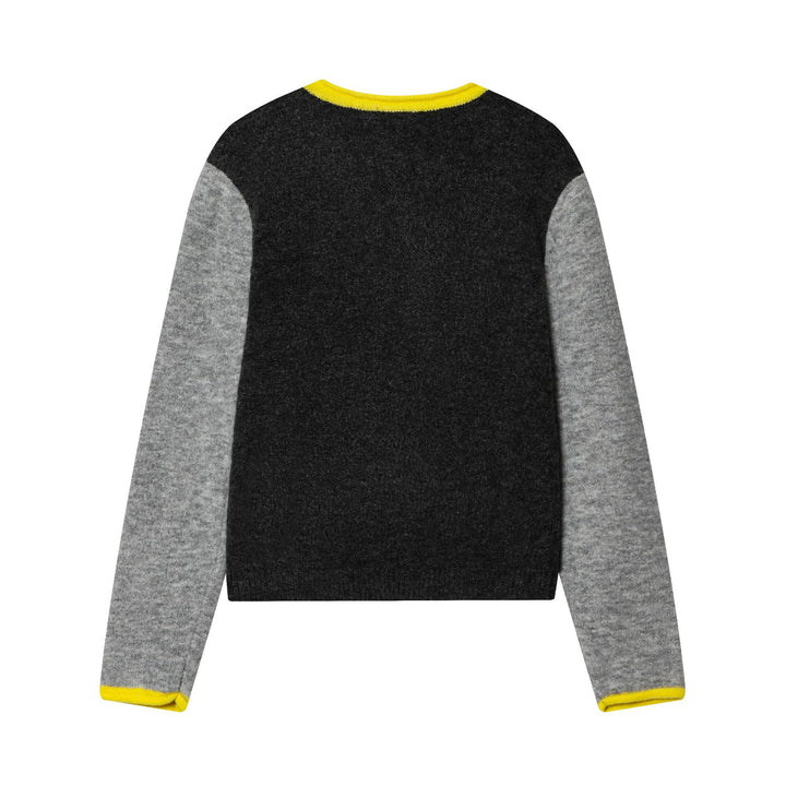 Damen kurze zweifarbige Wollcardigan mit kontrastierter Knopfleiste geripptem Saum und Hornknöpfen – Veloura