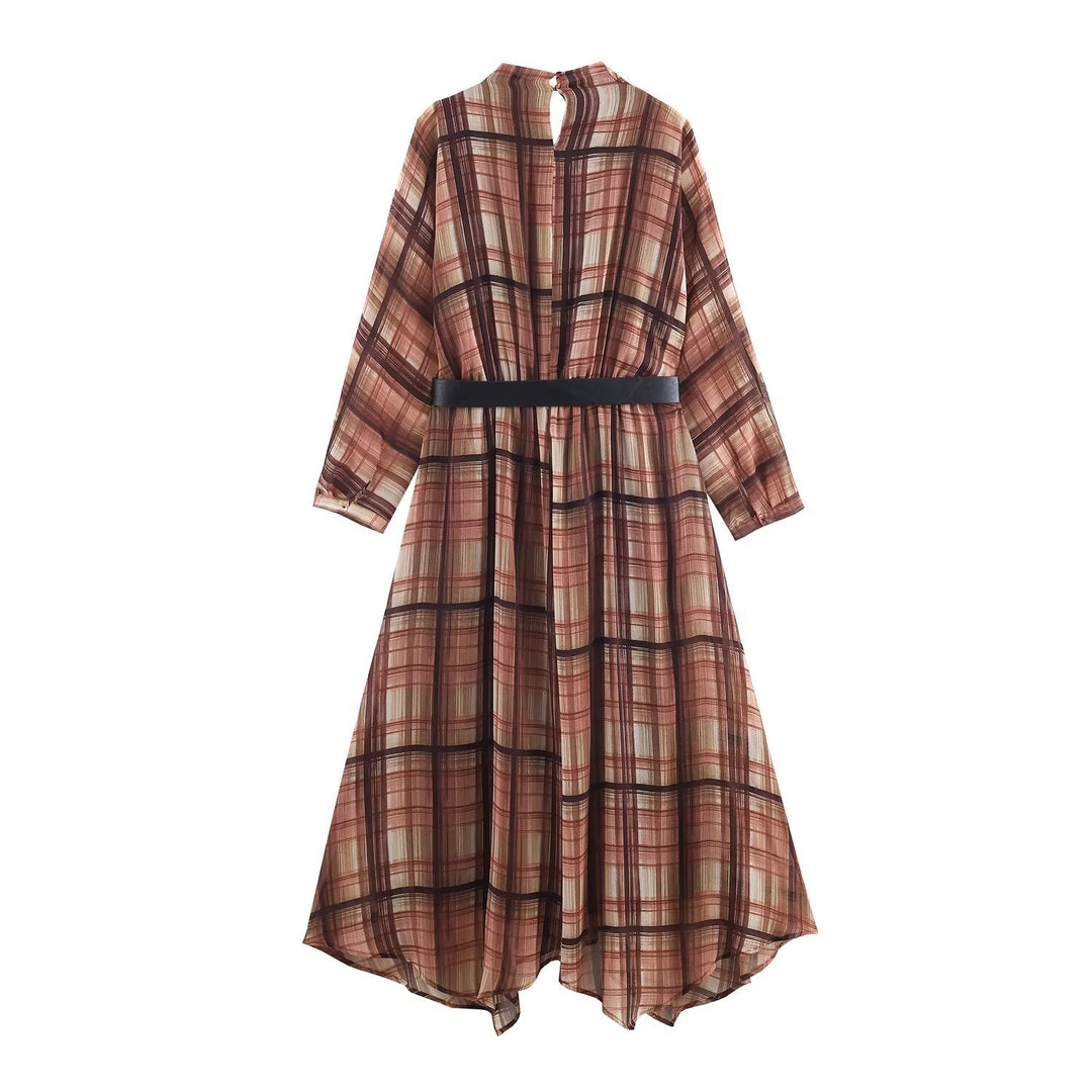 Damen Langarm Kleid im karierten Design mit asymmetrischem Saum und Bindegürtel Echo Archiv