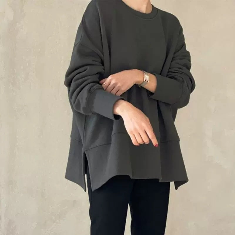 Damen Boxy-Sweatshirt mit verlängerter Saumblende, seitlichen Schlitzen und Raglanärmeln – Mavelle