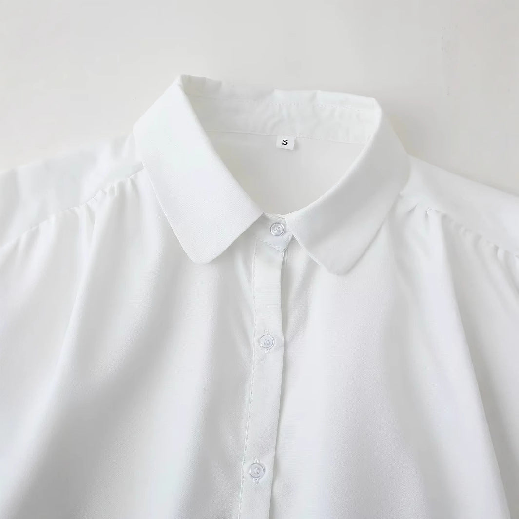 Damen bestickte Chiffon-Bluse mit floralem Saum, Volumenärmeln und Hemdkragen – Élovi