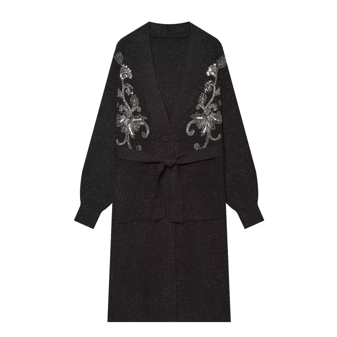 Damen langer Strickcardigan mit Taillengürtel und Paillettenstickerei Echo Archiv