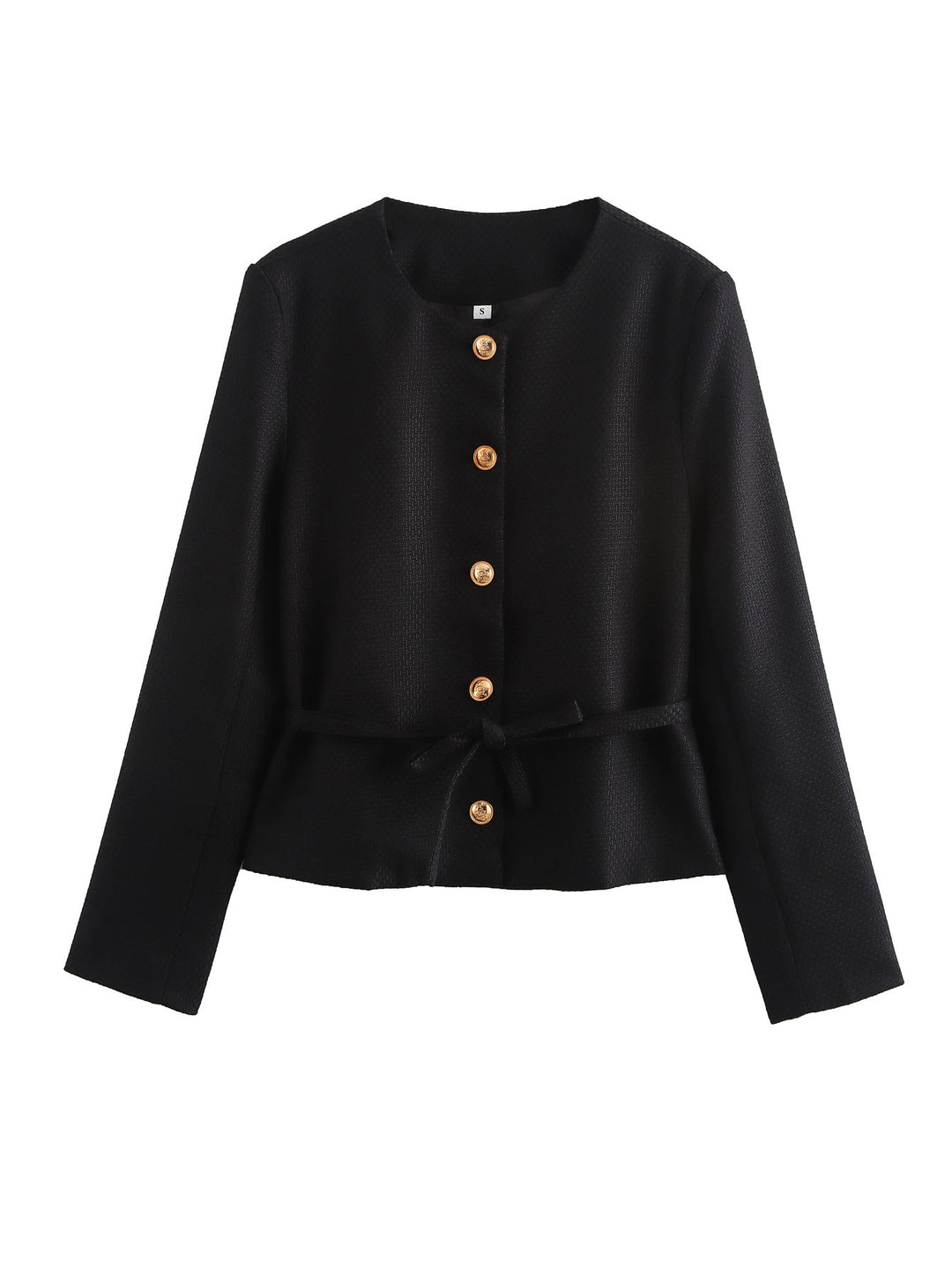 Damen strukturierte Kurzjacke mit Rundhalsausschnitt Holzknopf‑Leiste und taillierendem Bindegürtel – Célinea