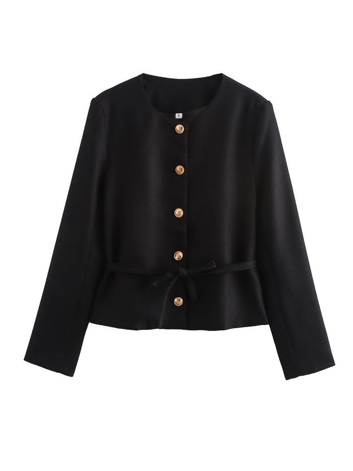 Damen strukturierte Kurzjacke mit Rundhalsausschnitt Holzknopf‑Leiste und taillierendem Bindegürtel – Célinea