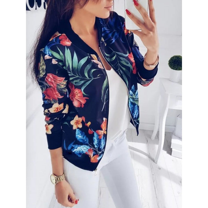 Damen Blousonjacke mit floralem Allover-Print, Reißverschluss und Rippbündchen – Célinea