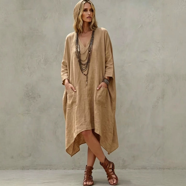 Damen nan Oversize Kaftankleid mit V-Ausschnitt, Eingrifftaschen und asymmetrischem Saum Echo Archiv