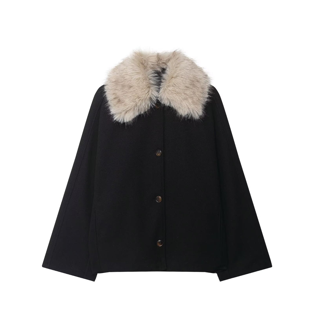 Damen Woll-Cape mit abnehmbarem Kunstfellkragen und verdeckter Knopfleiste Echo Archiv