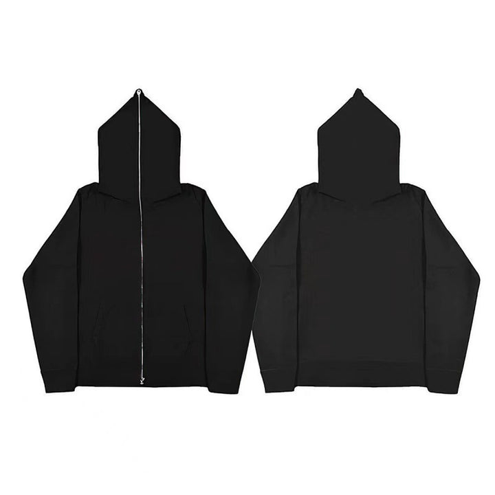 Unisex minimalistisch strukturierter Kapuzenzipper mit spitzer Kapuze, Kängurutasche und verstärkten Bündchen – Auréline