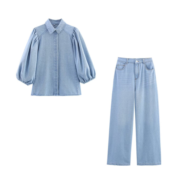 Damen luftige und strukturierte Bluse mit Balloonärmeln und weiten Jeans Echo Archiv
