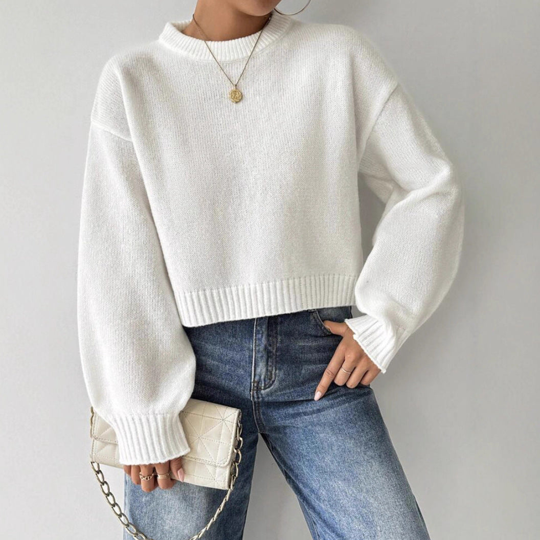 Damen Kurz-Cropped Pullover aus feinem Strick mit Ballonärmeln und geripptem Bund – Mavelle
