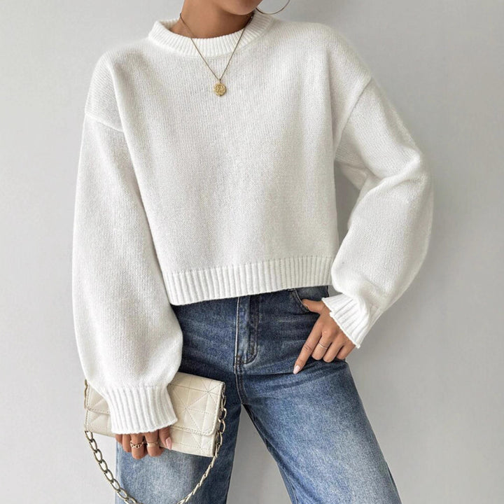Damen Kurz-Cropped Pullover aus feinem Strick mit Ballonärmeln und geripptem Bund – Mavelle