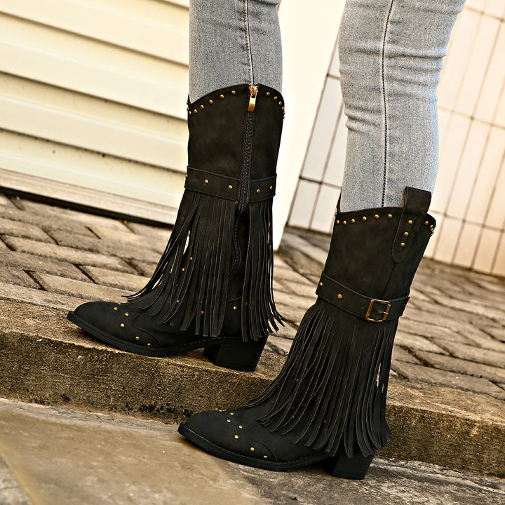 Damen nan Westernstiefel mit Fransen Nieten und Schnallenriemen Echo Archiv