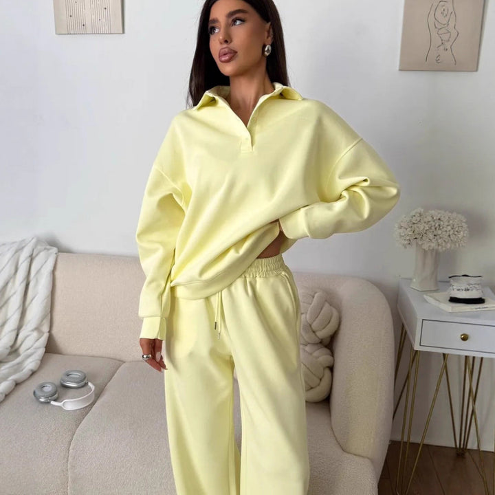 Damen weites Polo-Lounge-Set mit elastischem Tunnelzugbund und Wide‑Leg-Jogginghose – Avérine