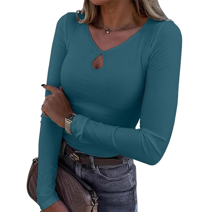 Damen Tailliertes geripptes Langarmshirt mit V-Ausschnitt und Tropfen-Cut-Out Echo Archiv
