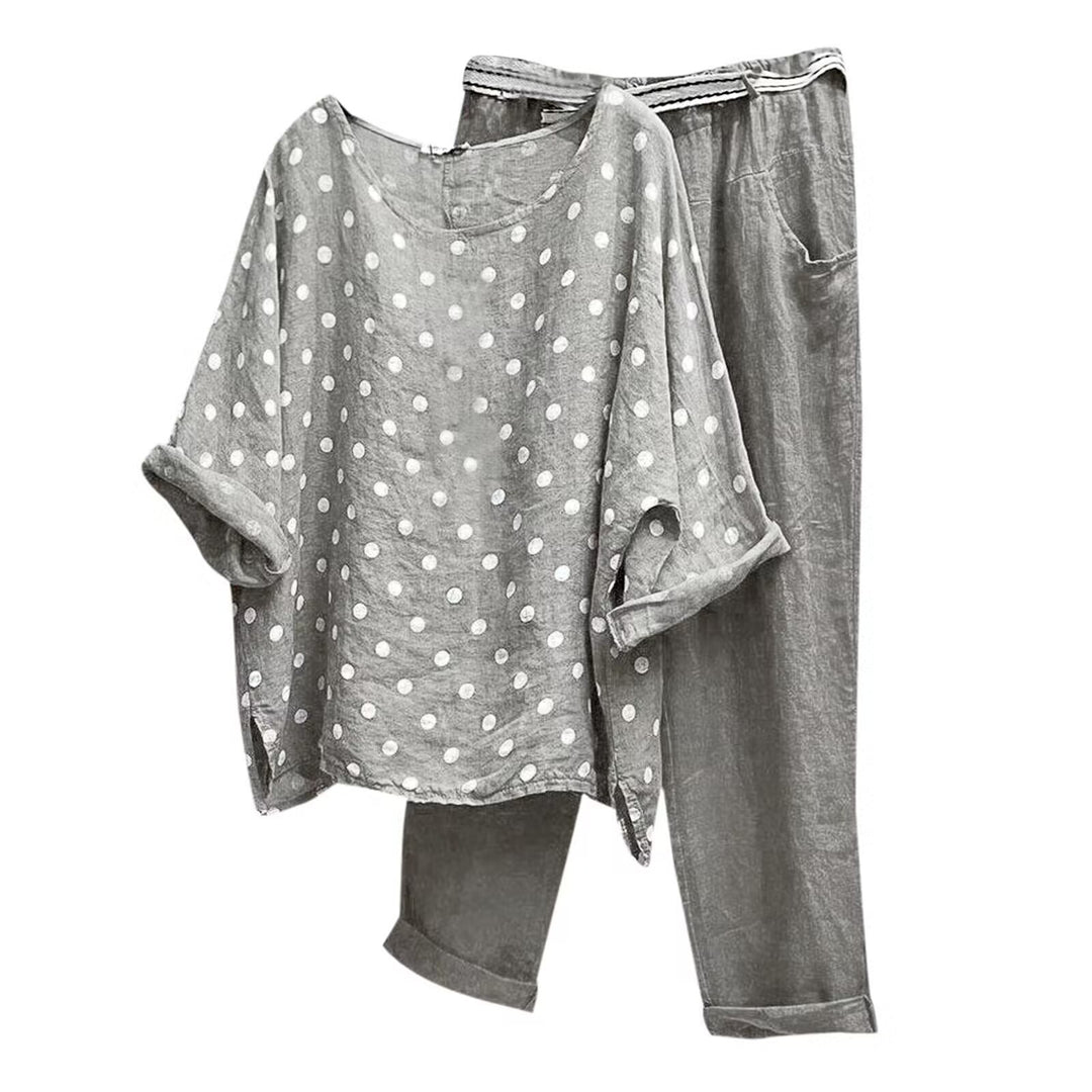 Damen nan komfortables Leinen-Freizeitset mit weiter Tunika, Pünktchenmuster und elastischer Bundhose Echo Archiv