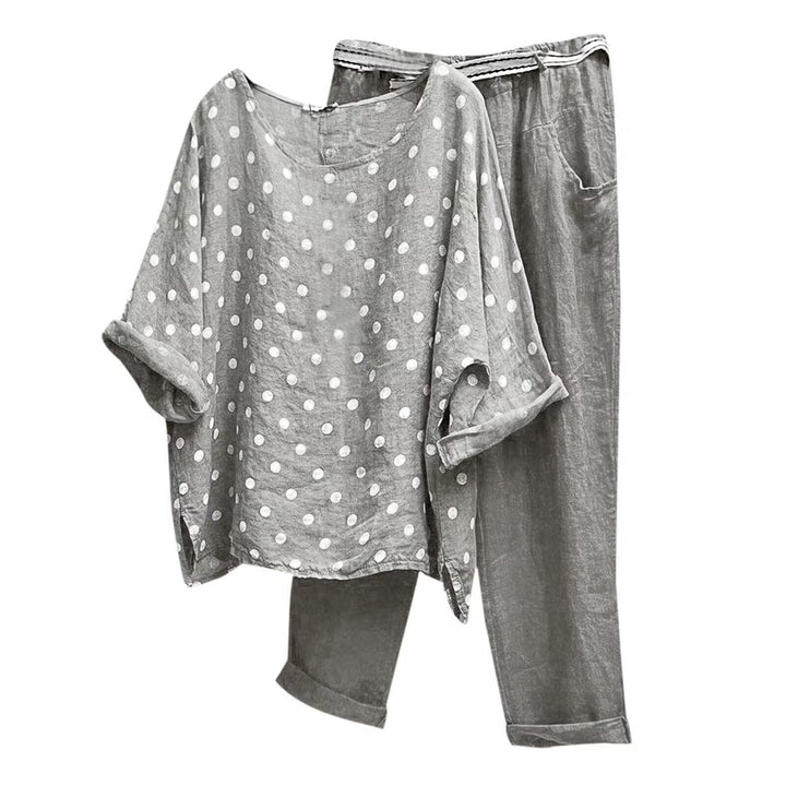 Damen nan komfortables Leinen-Freizeitset mit weiter Tunika, Pünktchenmuster und elastischer Bundhose Echo Archiv