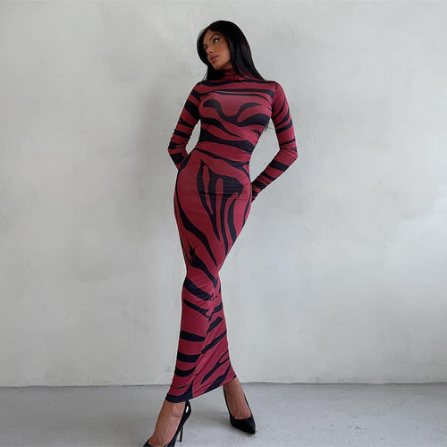 Damen Elegantes transparentes Maxikleid mit Leopardenmotiv und langem Arm Echo Archiv