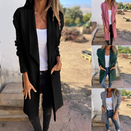 Damen Offener Longcardigan-Mantel mit Schalkragen und Eingrifftaschen – Veloura