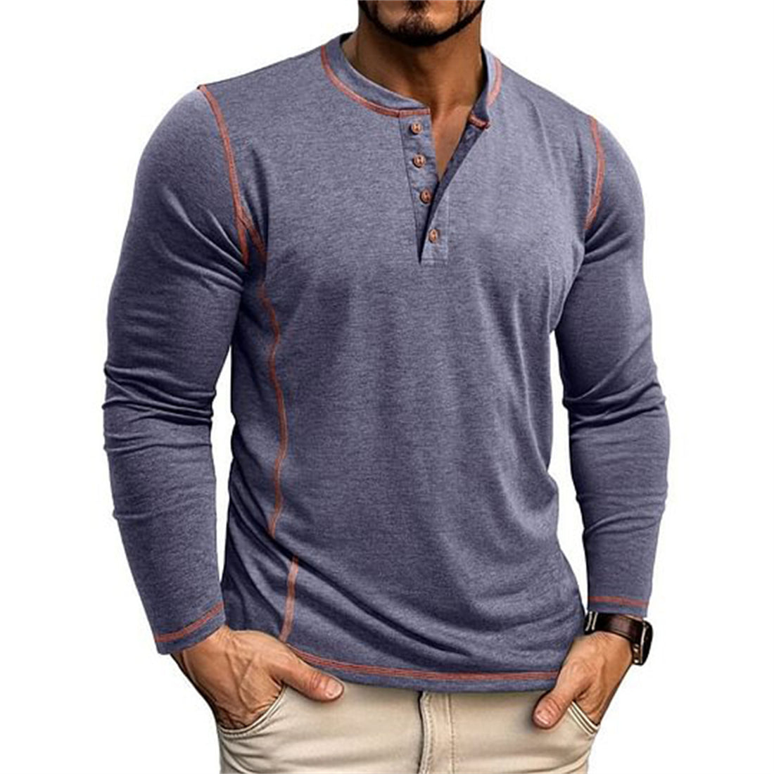 Herren Elastisches Langarm-Henley-Shirt mit Kontrastnähten und Knopfleiste EB – Orvano