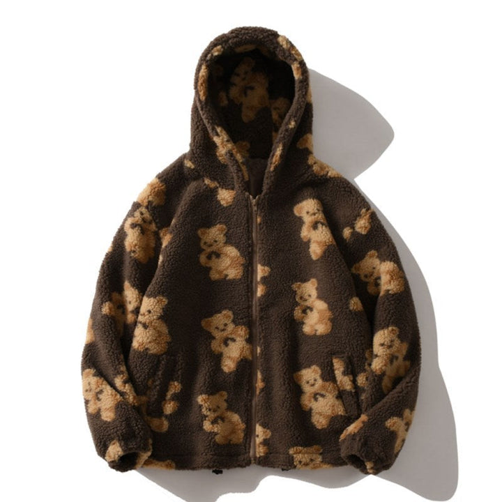 Damen gemütliche Fleecejacke mit Kapuze und süßem Bärenmuster Echoarchiv