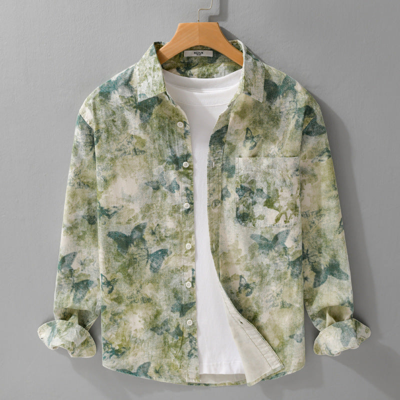 Herren Leichtes Leinenmix-Hemd mit Aquarell-Schmetterlingsprint und Brusttasche Echoarchiv