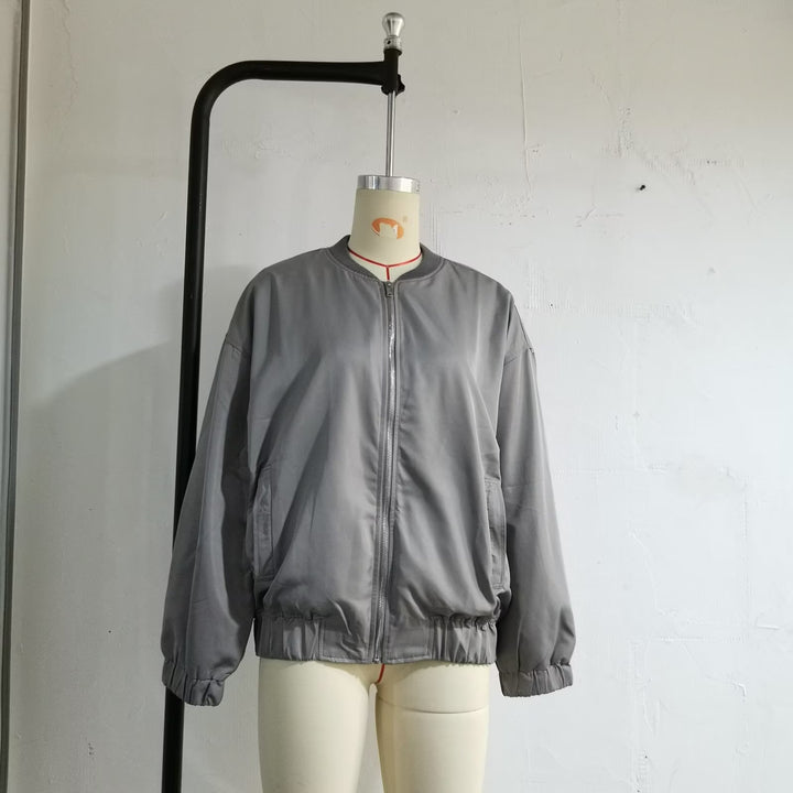 Unisex leichter Oversize-Bomber mit durchgehendem Metallreißverschluss geripptem Kragen und elastischem Saum – Brevano